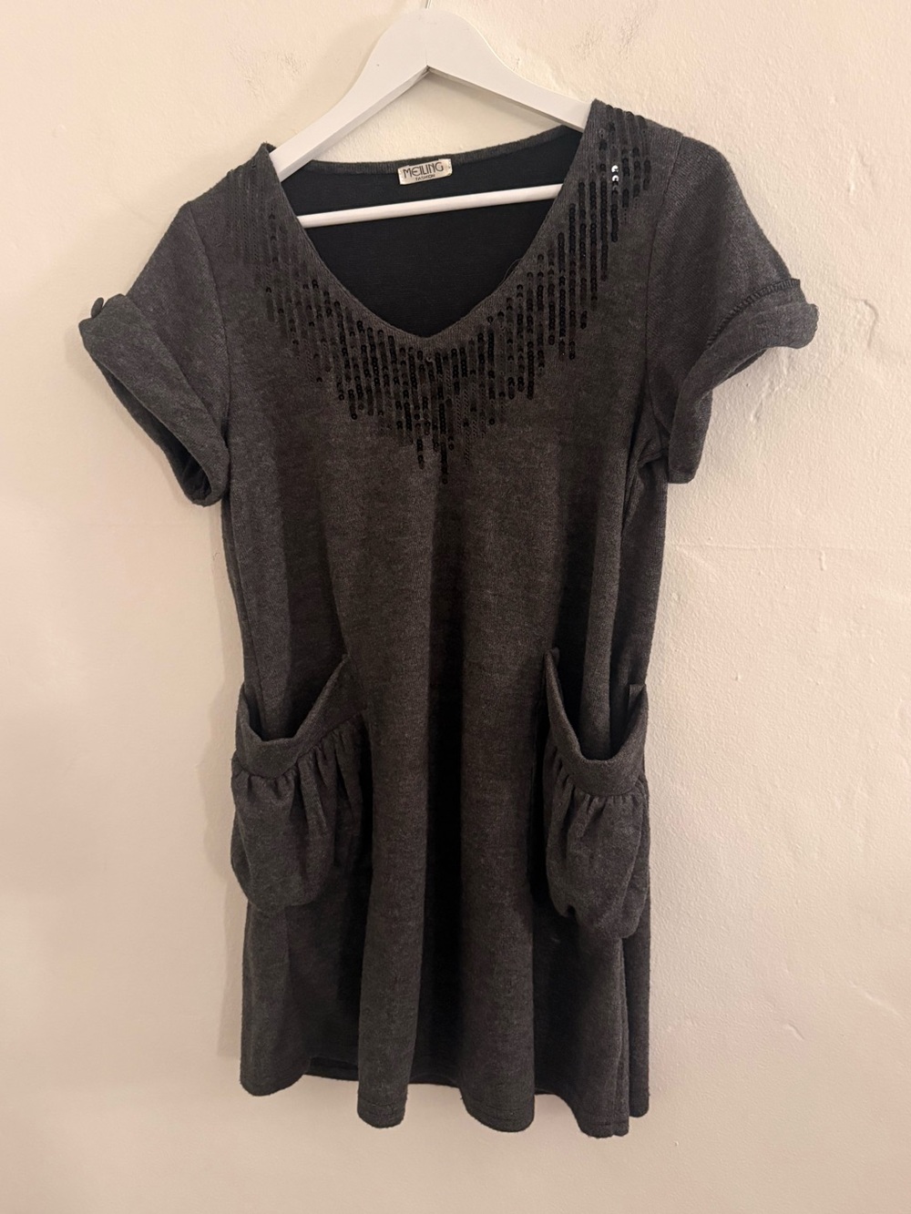 Vintage V-Neck Mini Sweater Dress with Front Pockets in Charcoal